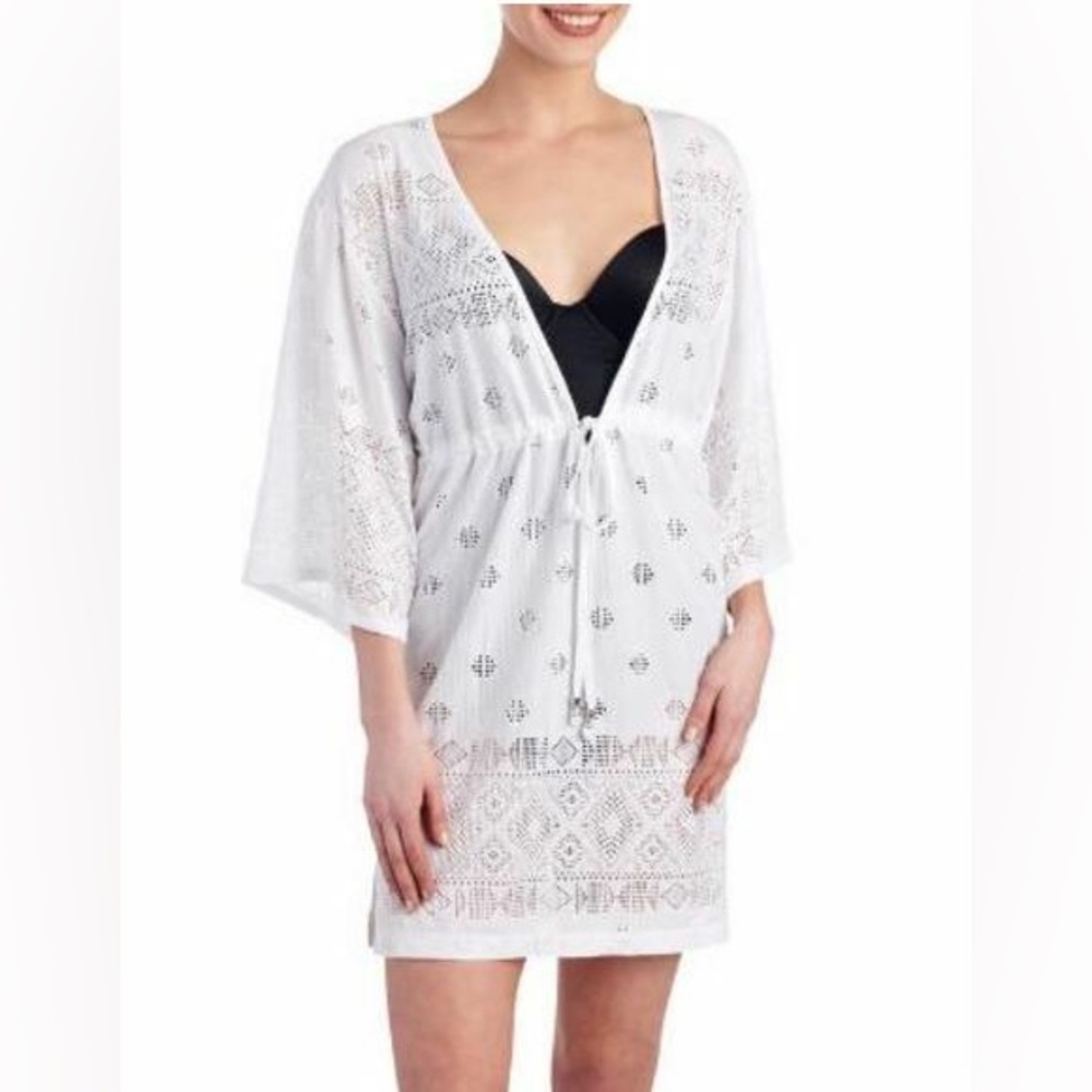 Dotti White Eyelet Swim Coverup SZ Large Boho Summer Beach with Drawstring Waist